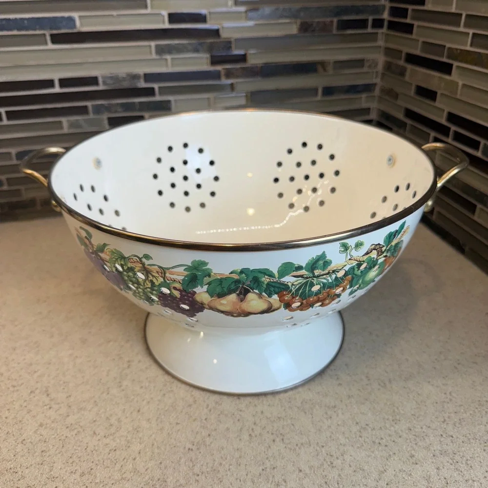 Vintage Enamel Fruit Colander White‎ Pedestal Strainer Brass Handles Cottagecore